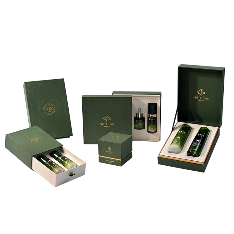 Custom Handmade Green Packaging Set Makeup Cosmetics Tote Bags for Cosmetics Eco Rigid Skincare Packaging Gift Boxes Kit