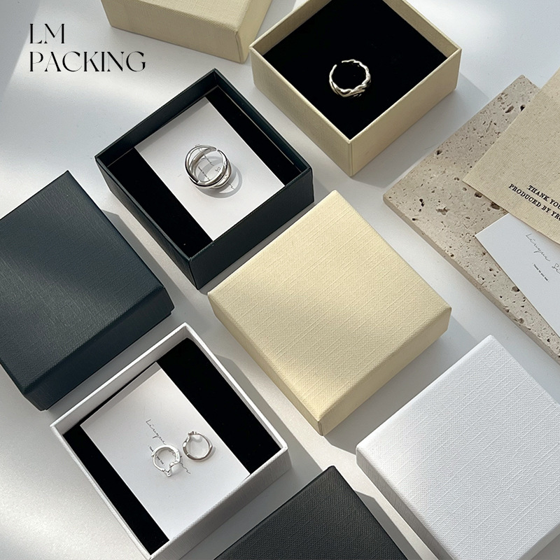 Stamped Logo Solid Color Brushed Finish Jewelry Packaging Box Matte Paperboard Necklace Earrings Ring Gift Box with Lid Base