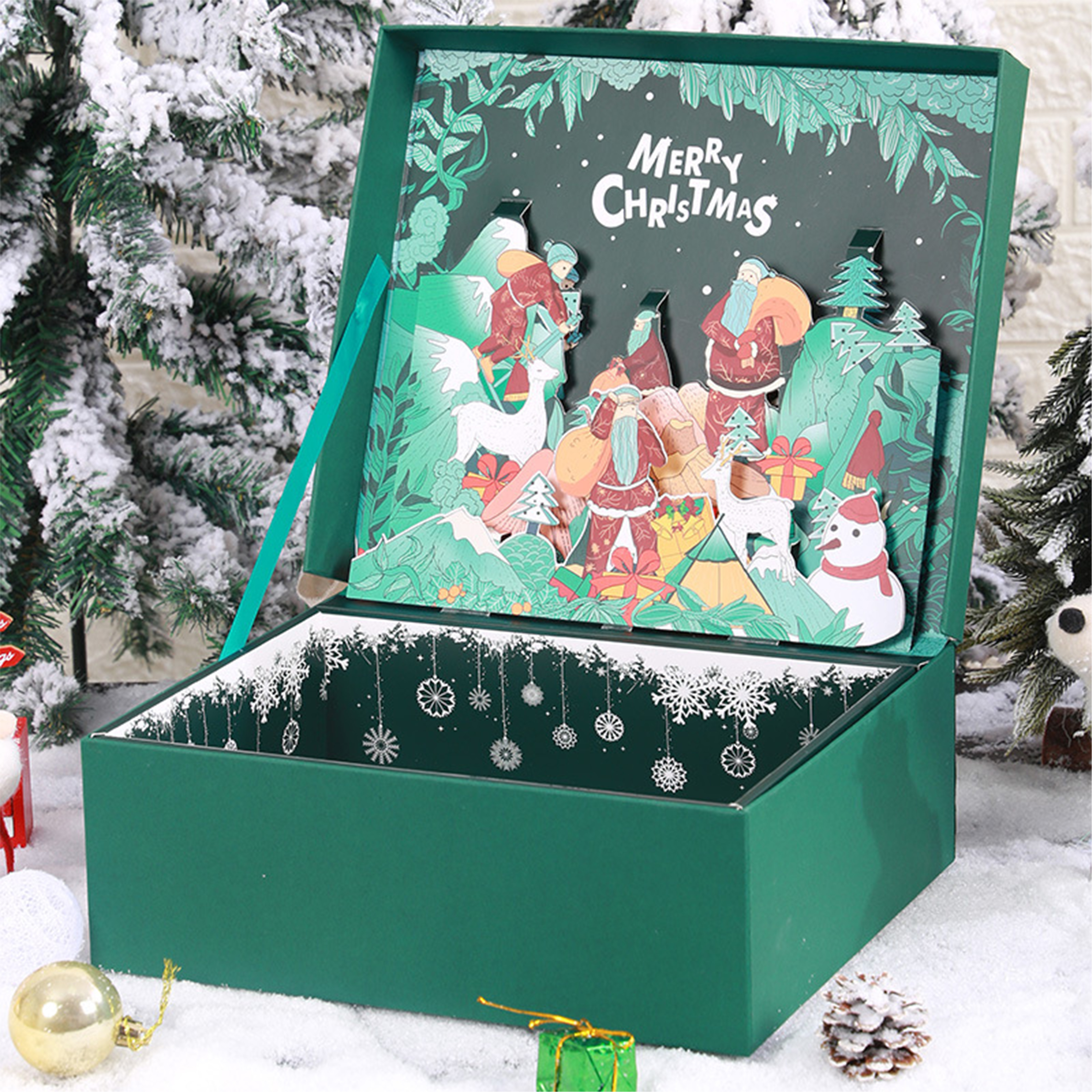 Christmas Gift Box and Bag Set with Folder Style Packaging Glossy Lamination Recyclable Art Paper Custom Greeting Card