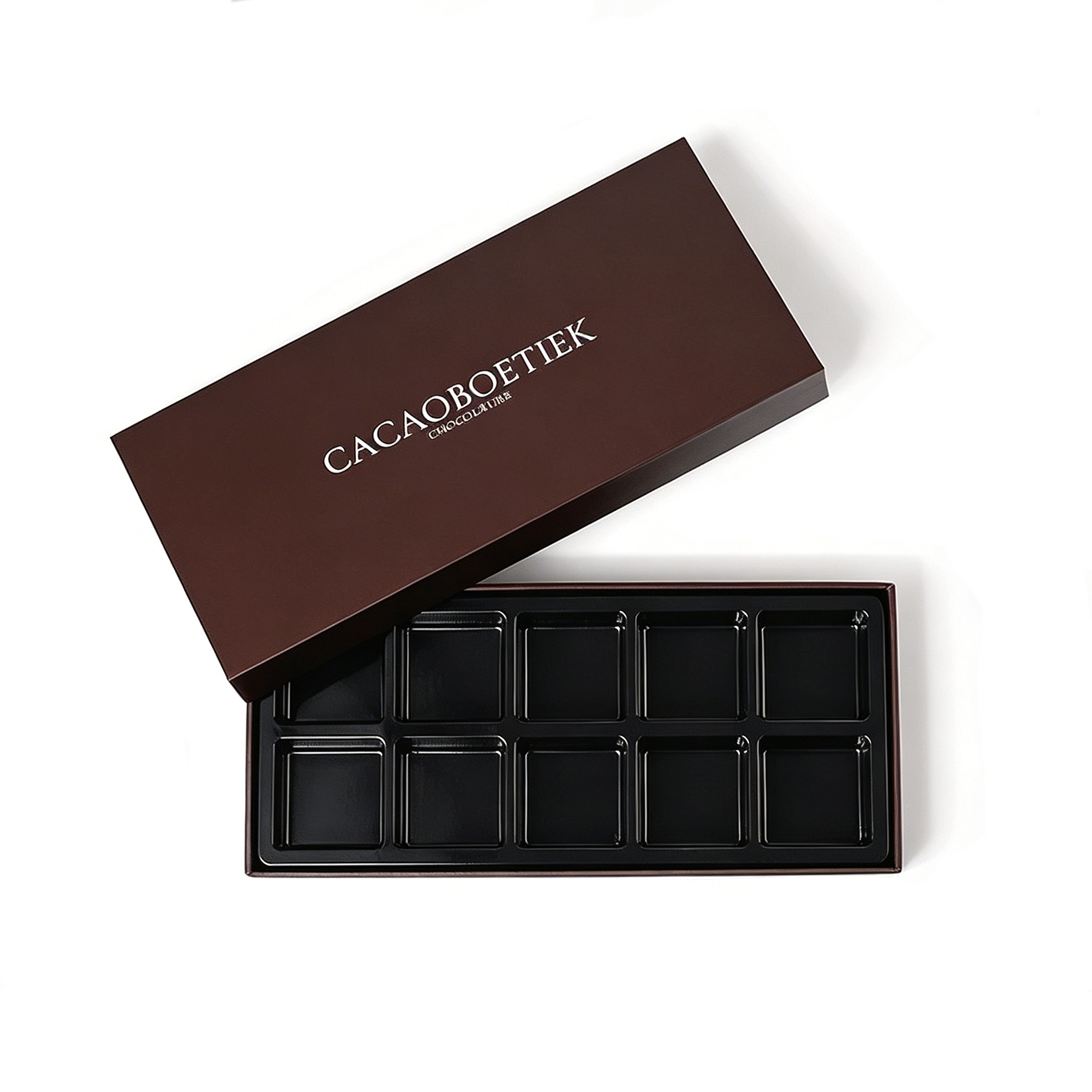 Luxury Portable Chocolate Gift Box Custom Brown Rigid Lid-and-Base Packaging Sponge Lining Blister Tray Premium Full-Color Print
