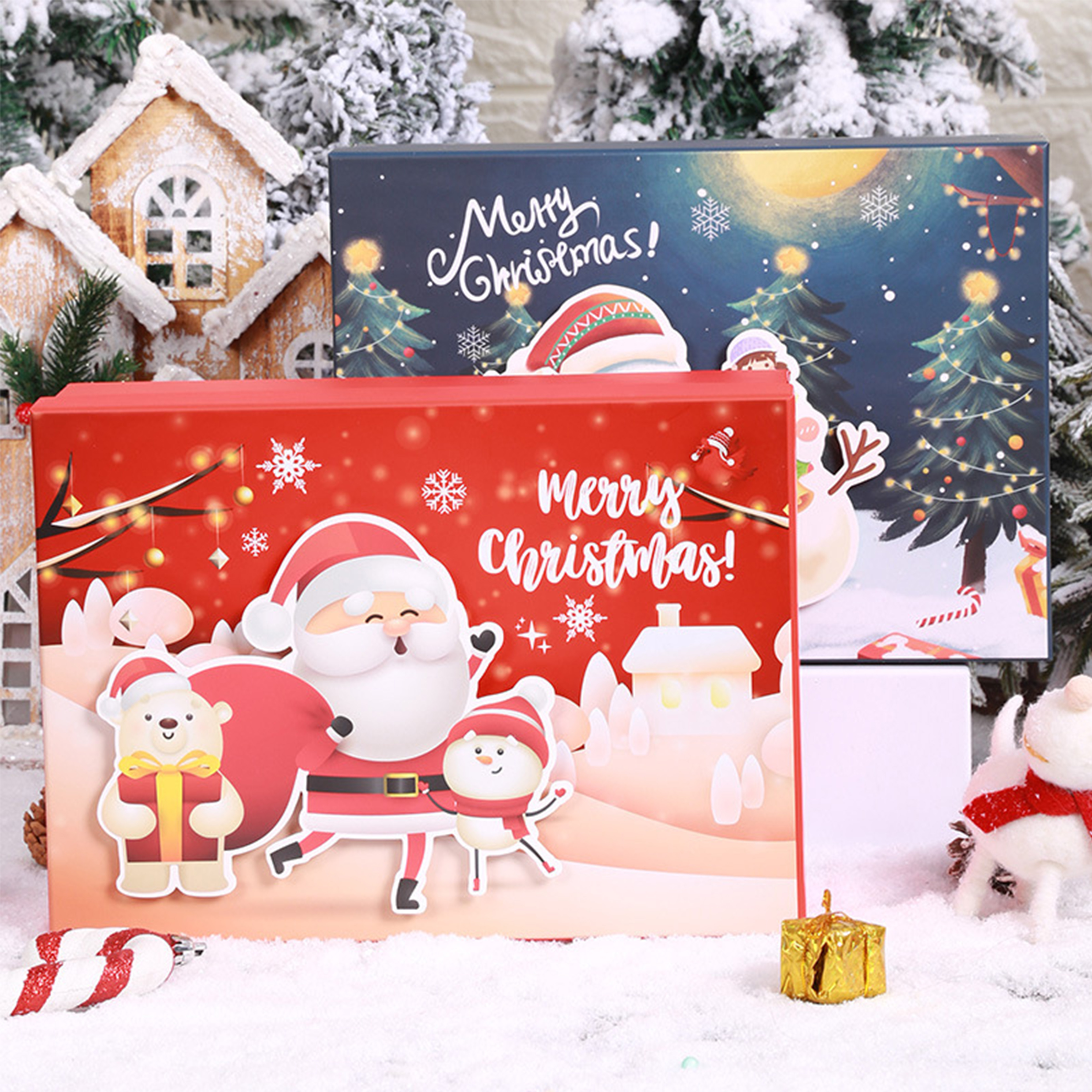 Christmas Gift Box and Bag Set with Folder Style Packaging Glossy Lamination Recyclable Art Paper Custom Greeting Card