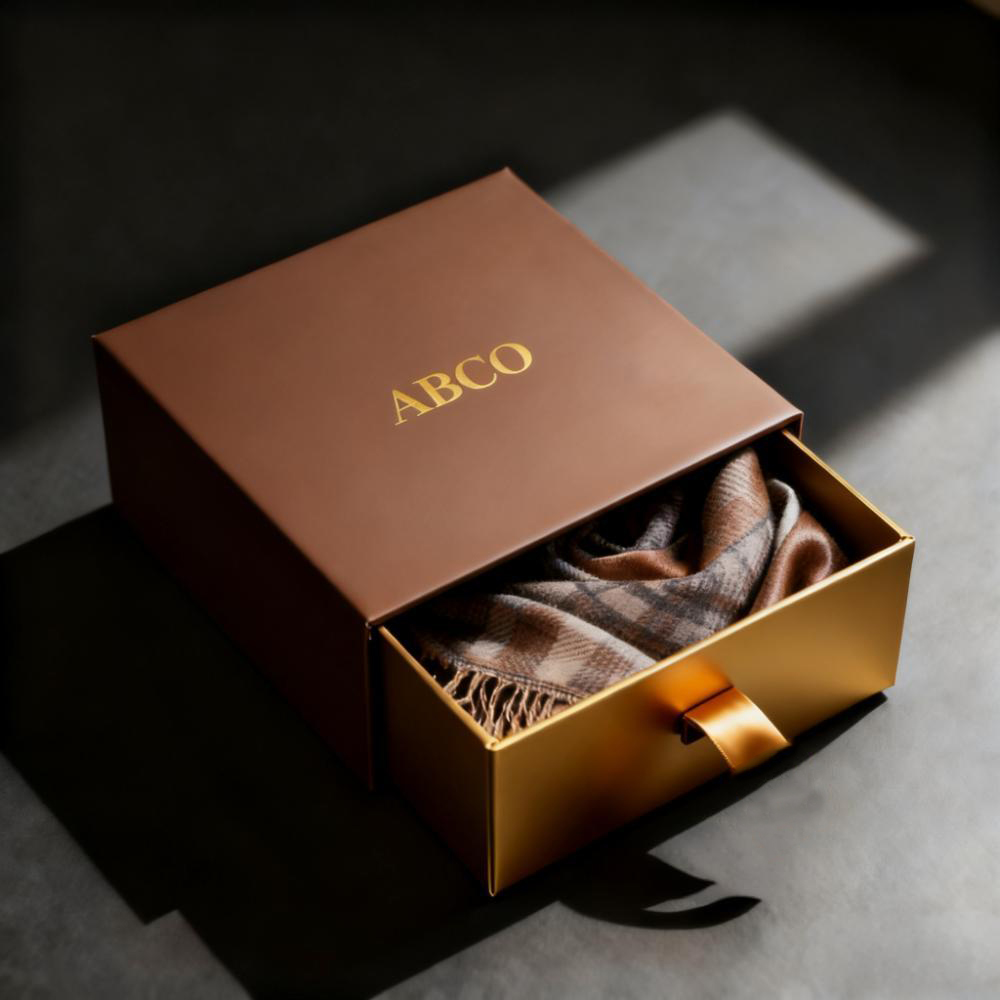 Customized Logo Deluxe Sliding Box Drawer Matte Laminated Cardboard Scarf Boxes Gold Foil Clothing Gift Boxes