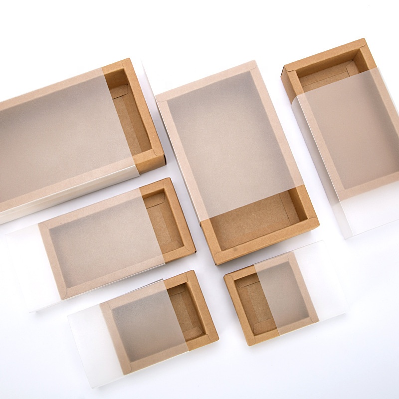 Prime Branded Packing Custom Brown Transparent Clear Frosted PVC Sleeve Sliding Box Kraft Paper Drawer Boxes With Clear Window