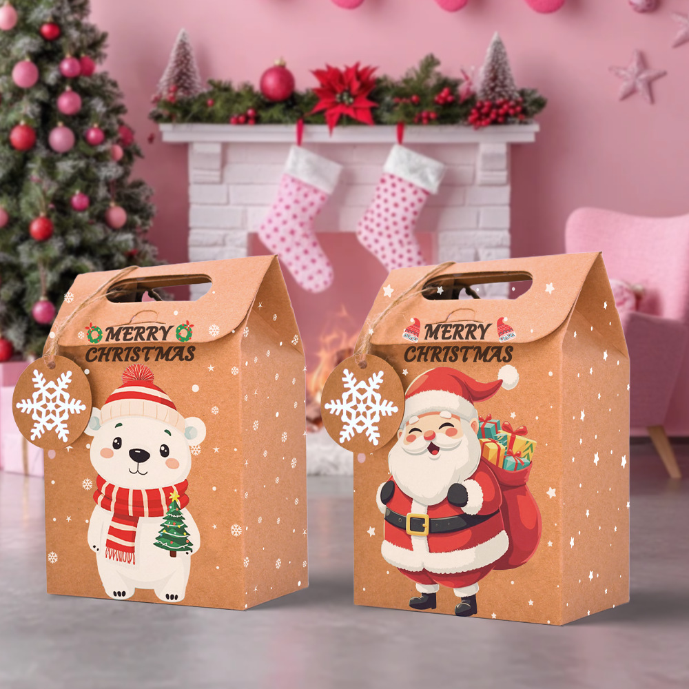 Wholesale Recycle Snack Cookies Candy Gift Bag 24 Pcs/set House Merry Christmas Party Decor Kraft Paper Gift Box with Handle