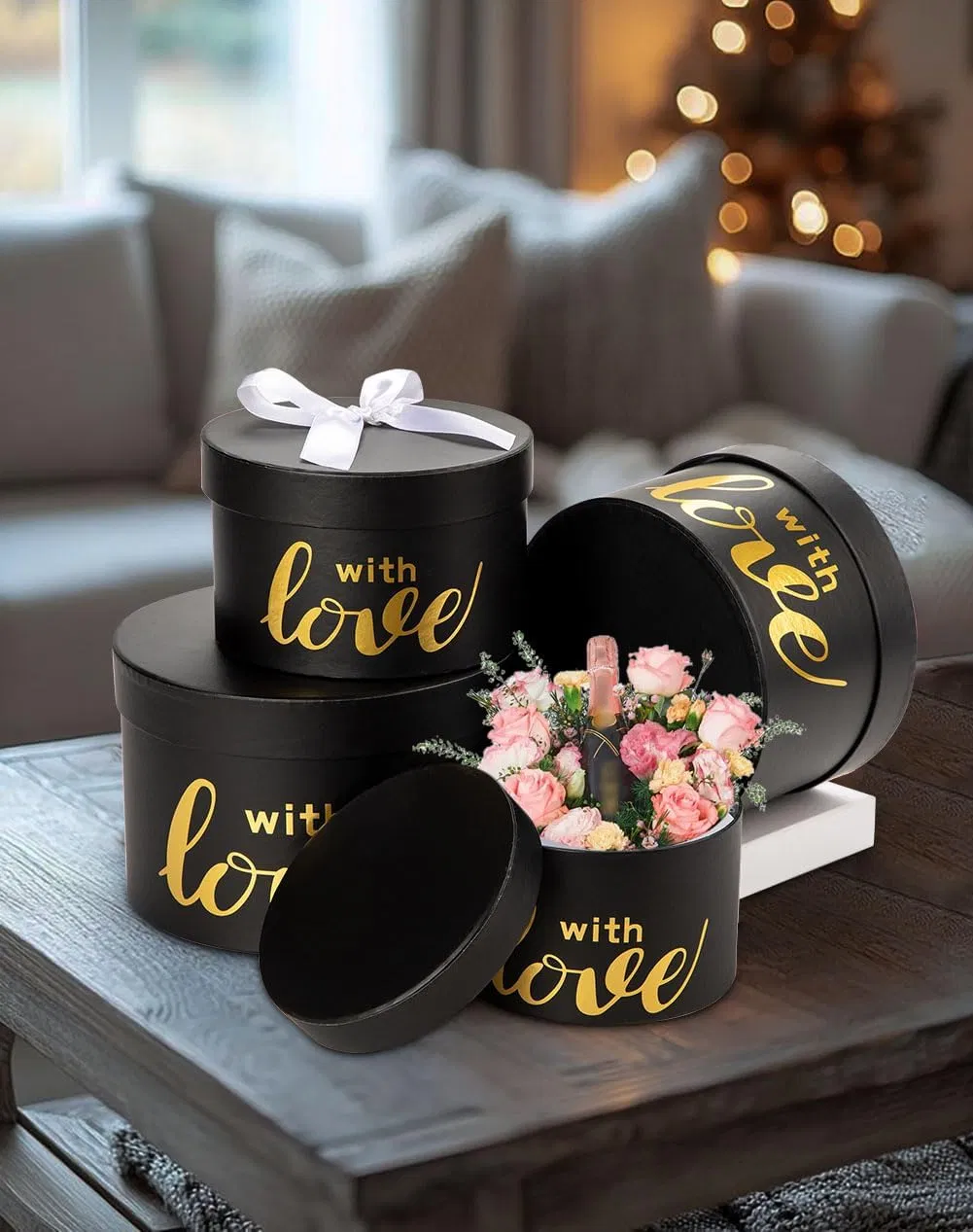 Luxury Round Nested Gift Boxes with Lids Set of 4 Reusable Sturdy Cardboard Gift Box Set for Birthdays, Weddings, Anniversaries, Christmas