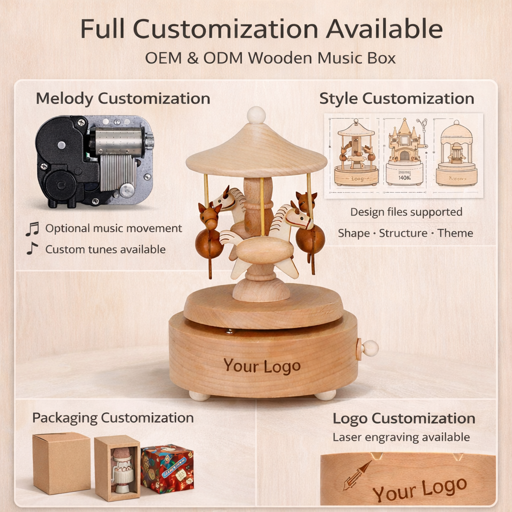 Wholesale Logo Engrave Mechanical Wind Up Rotating Carousel Ballerina Music Box Wooden For Present