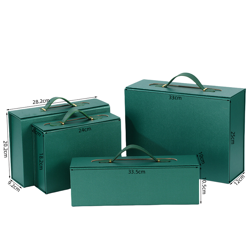 Custom High-end Hard Thick Leather Handle For Clothing Cosmetics Magnetic Suction Emerald Green Flip Cover Folding Hand Gift Box