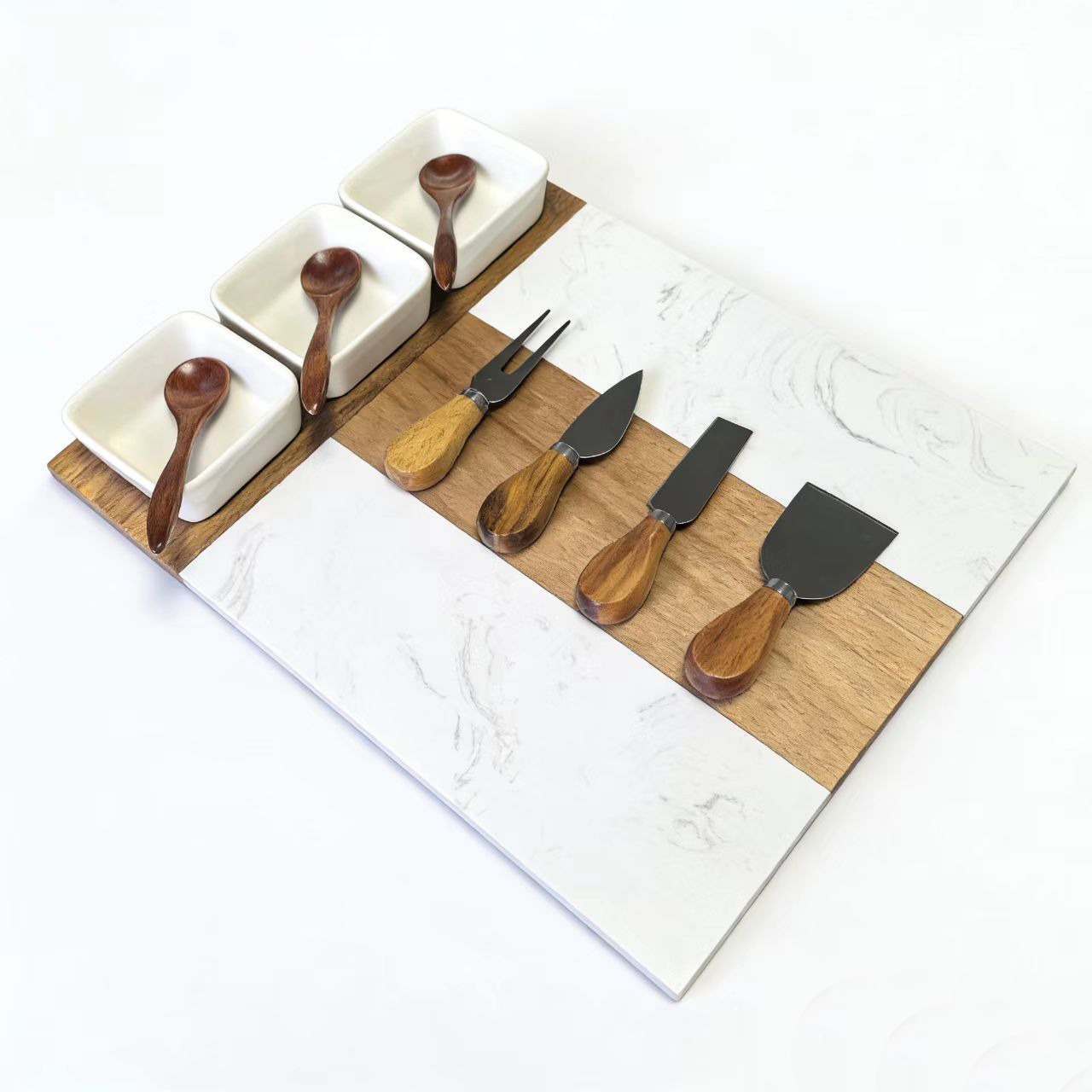 Factory Price 3 Ceramic Bowls Marble And Acacia Wood Cheese Board Knife Set Charcuterie Board Cheese Board Set For Kitchen Use