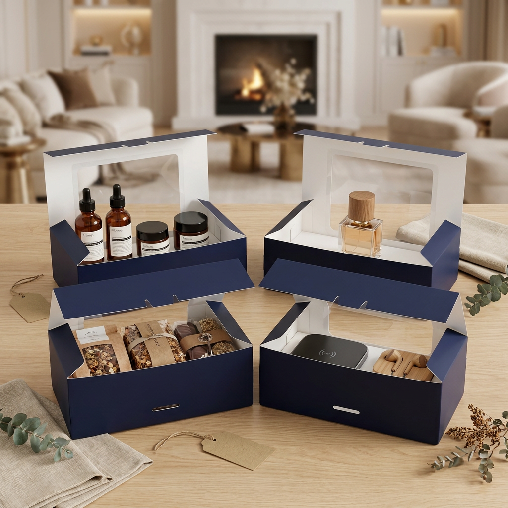 Navy Blue Art Paper Box Clear Window Cake Case Food Grade Pastry Bakery Container Varnishing Dessert Packaging Logo