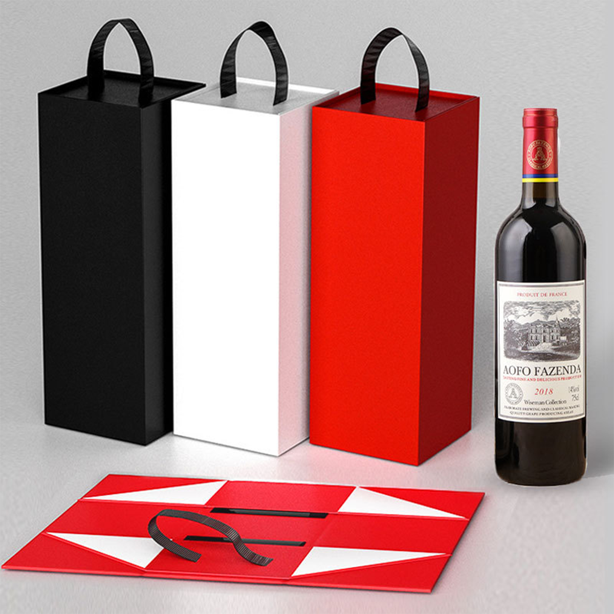 High Quality One Piece Portable Rope Folding Red Wine Gift Box with Magnetic and Foldable Fashionable Design for Wine Box
