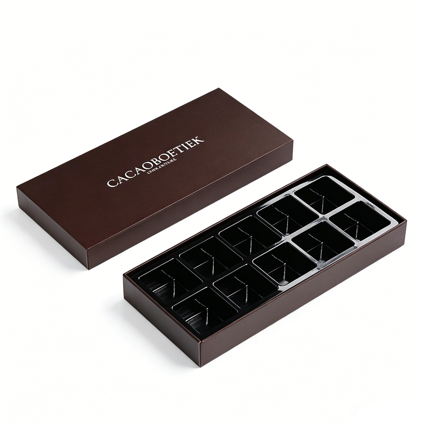 Luxury Portable Chocolate Gift Box Custom Brown Rigid Lid-and-Base Packaging Sponge Lining Blister Tray Premium Full-Color Print
