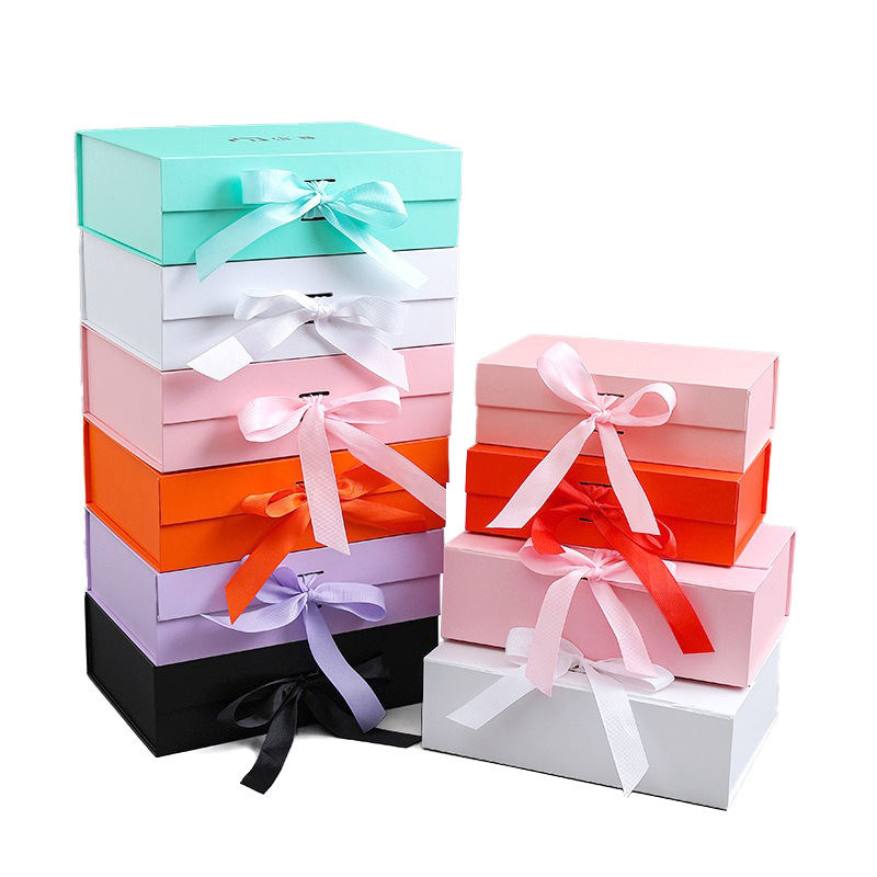 Custom Logo Recyclable Birthday Jewelry Wedding Pink Folding Paper Magnetic Luxury Cardboard Gift Packaging Box with Ribbon