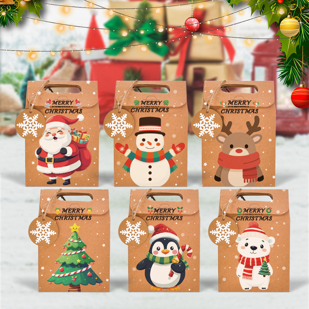 Wholesale Recycle Snack Cookies Candy Gift Bag 24 Pcs/set House Merry Christmas Party Decor Kraft Paper Gift Box with Handle