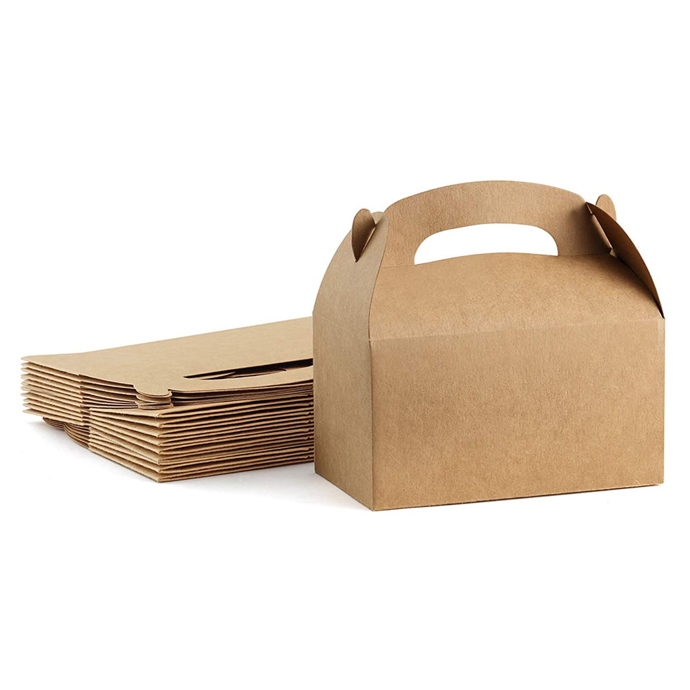 Custom Disposable Kraft Paper Food Packaging Auto Lock Bottom Bakery Party Favor Gift Kid's Candy Treat Gable Boxes With Handles