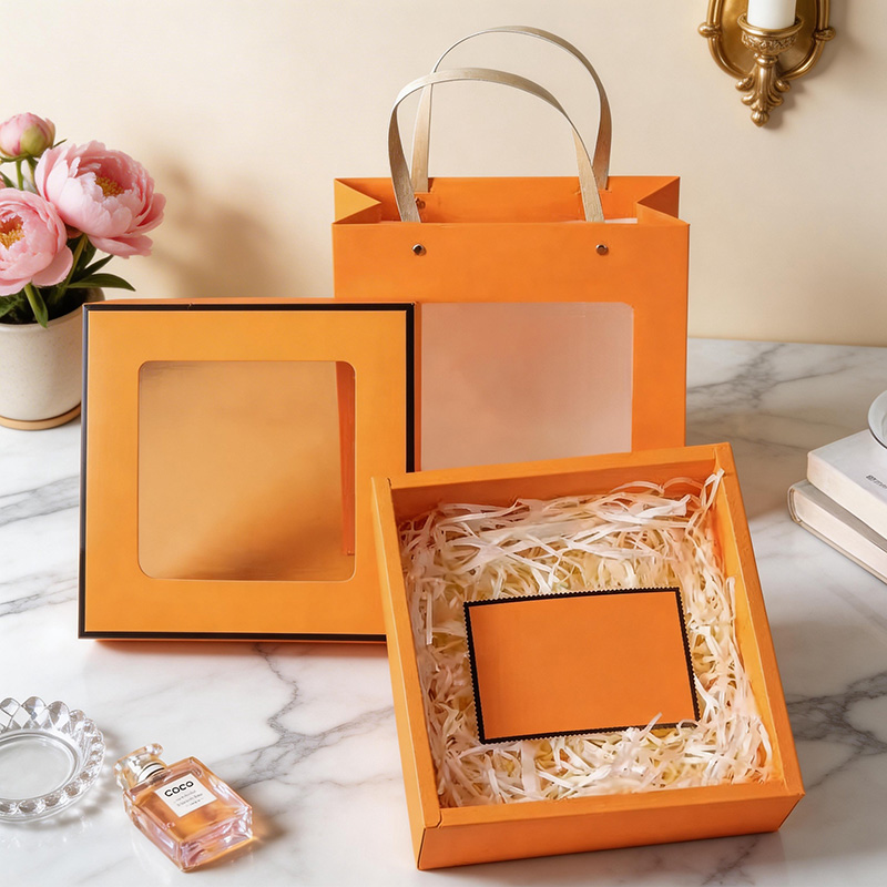 Recyclable Square Paperboard Window Gift Box with Beautiful Fold Transparent Design Hand Gift for Valentine's Day-Customizable