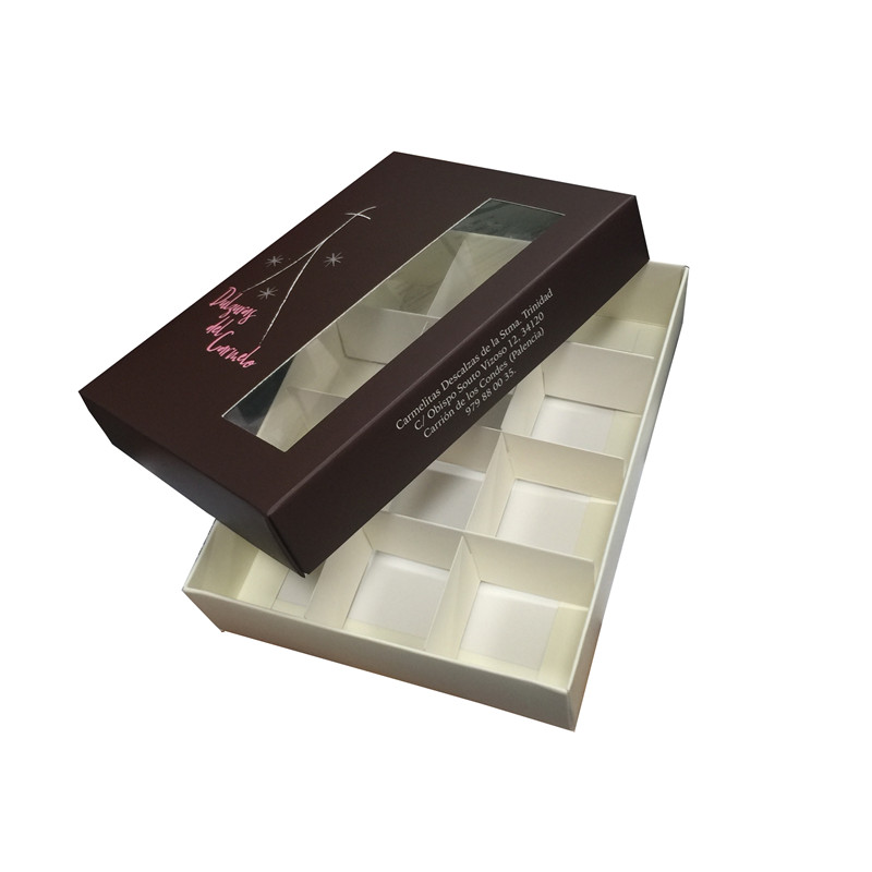 Custom Printed Clear Window Biodegradable Paper Chocolate Truffle Packaging Box with Divider Matt Lamination Folders Style