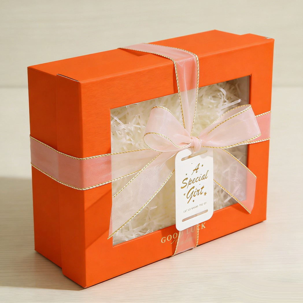 Orange Recycled Materials Gift Box with Clear Window &amp; Decorative Ribbon 2cm Disposable Packaging for Christmas &amp; Holiday Gifts