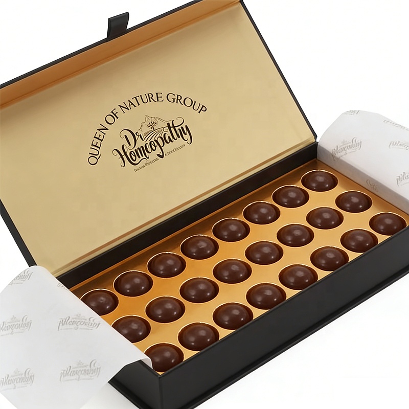 Custom Chocolate Hinged Lid Magnetic Rigid Box With Custom Insert, Gold Foil Stamping &amp; Ribbon Candy Luxury Gift Packaging Box