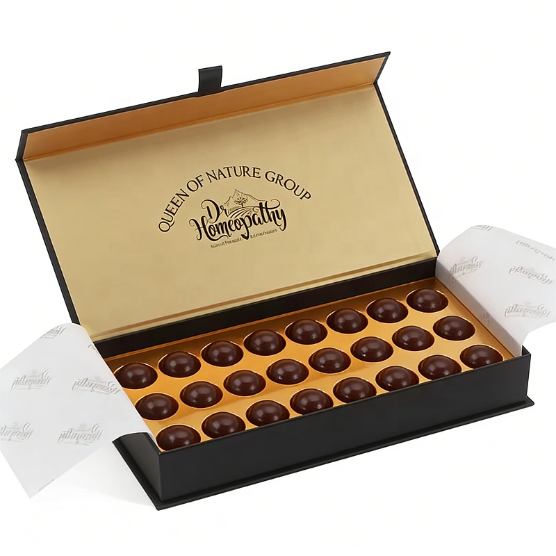 Custom Chocolate Hinged Lid Magnetic Rigid Box With Custom Insert, Gold Foil Stamping &amp; Ribbon Candy Luxury Gift Packaging Box
