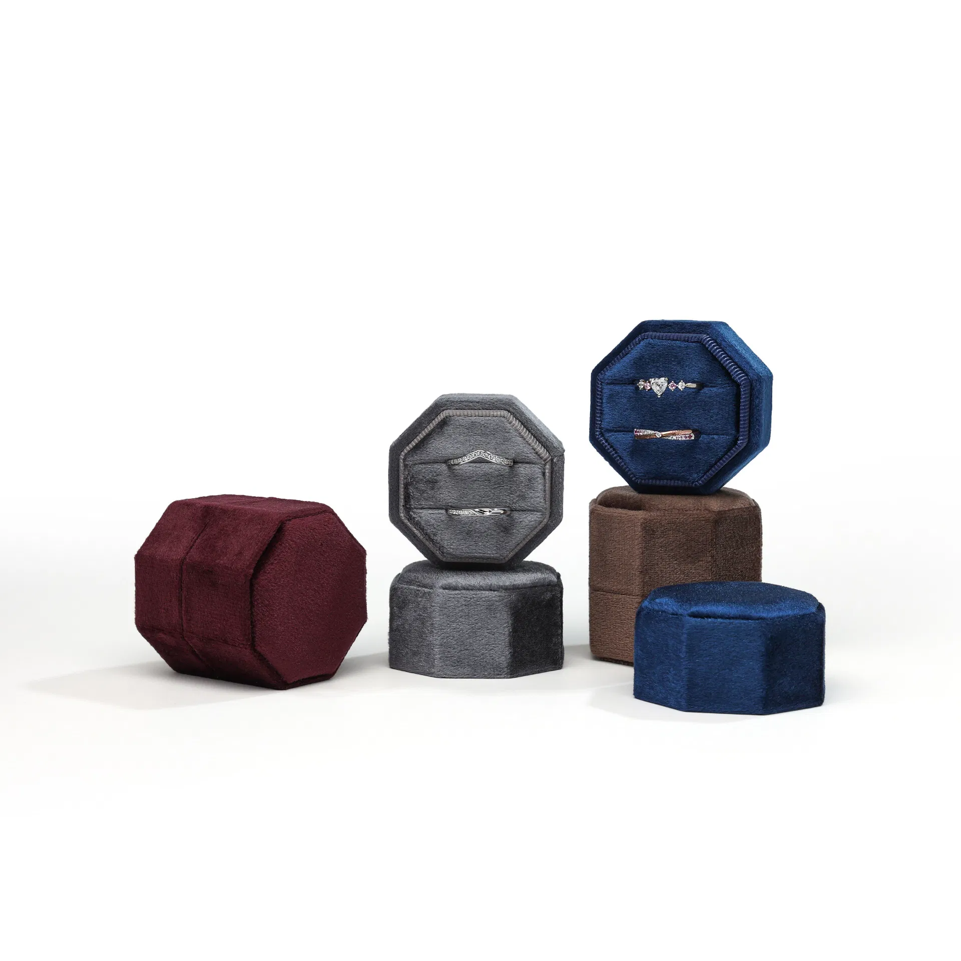Custom Logo Velvet Jewelry Box 1/2/3 Slots Octagonal Ring Box Vintage Wedding Ring Gift Box