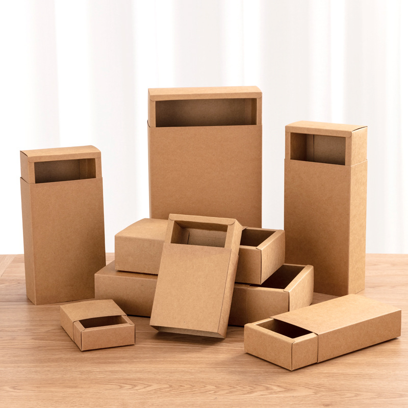 Kraft Paper Gift Boxes Sliding Drawer Paper Box With Frosted PVC Sleeve