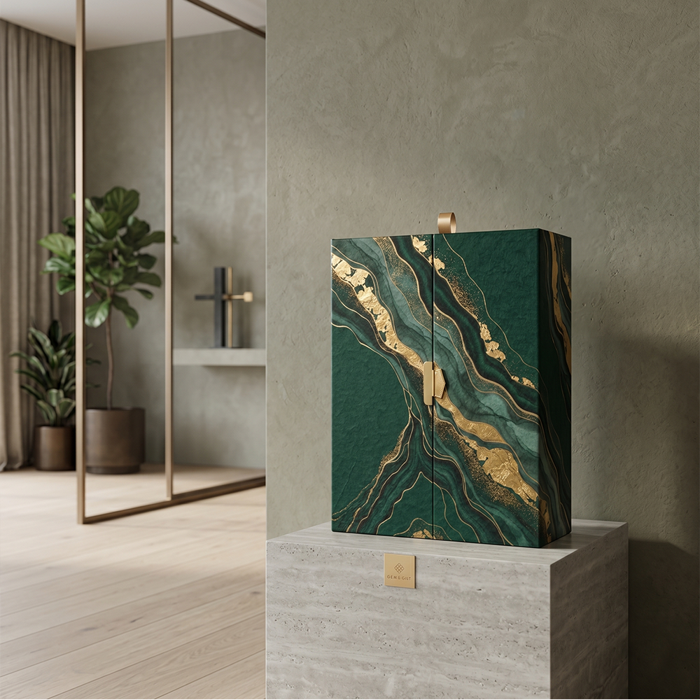 Custom Luxury Double-Door Magnetic Rigid Gift Box with Gold Foil Marble Pattern for High-end Cosmetic Jewelry Set Packaging