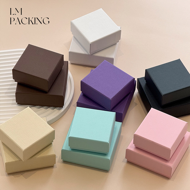 Stamped Logo Solid Color Brushed Finish Jewelry Packaging Box Matte Paperboard Necklace Earrings Ring Gift Box with Lid Base