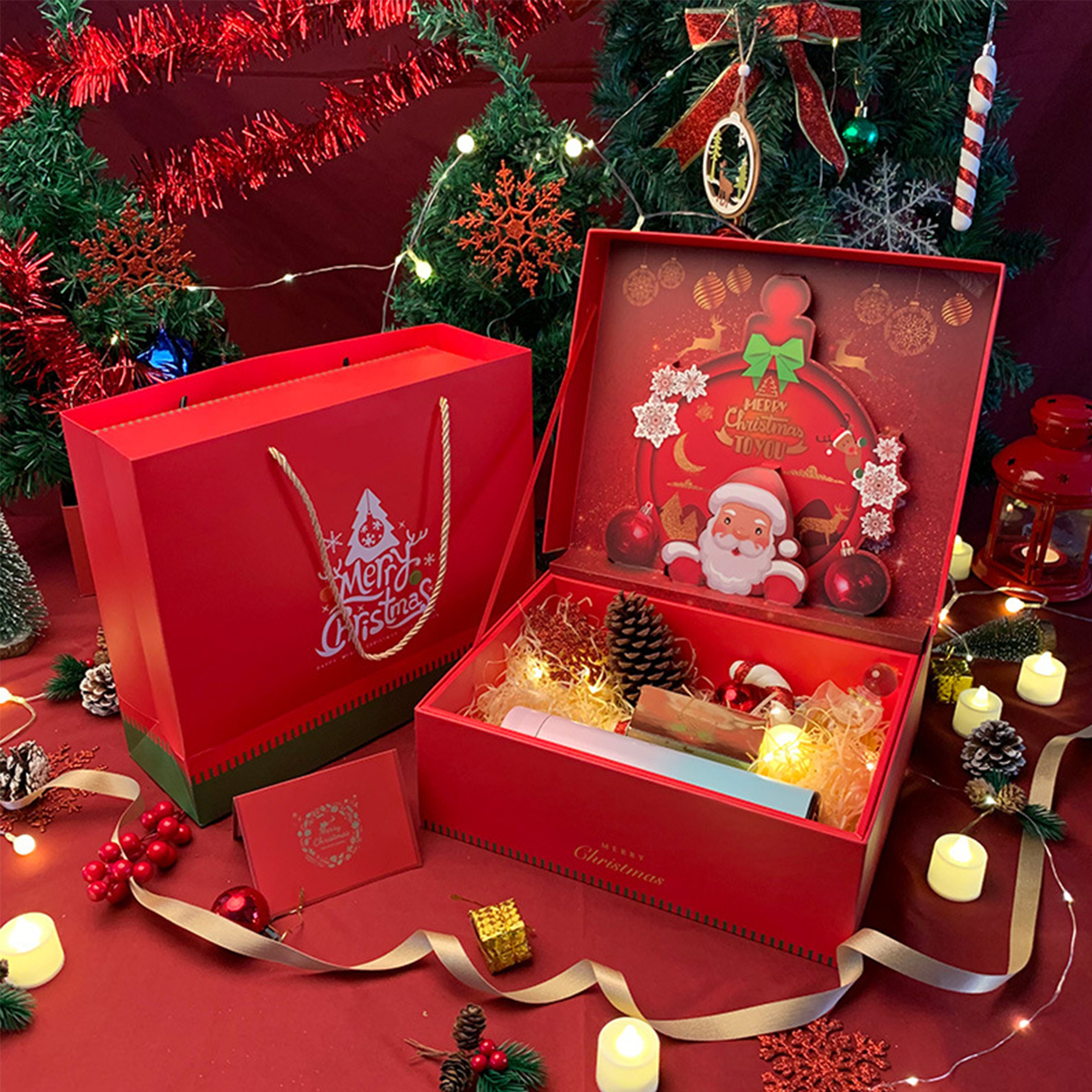 Christmas Gift Box and Bag Set with Folder Style Packaging Glossy Lamination Recyclable Art Paper Custom Greeting Card