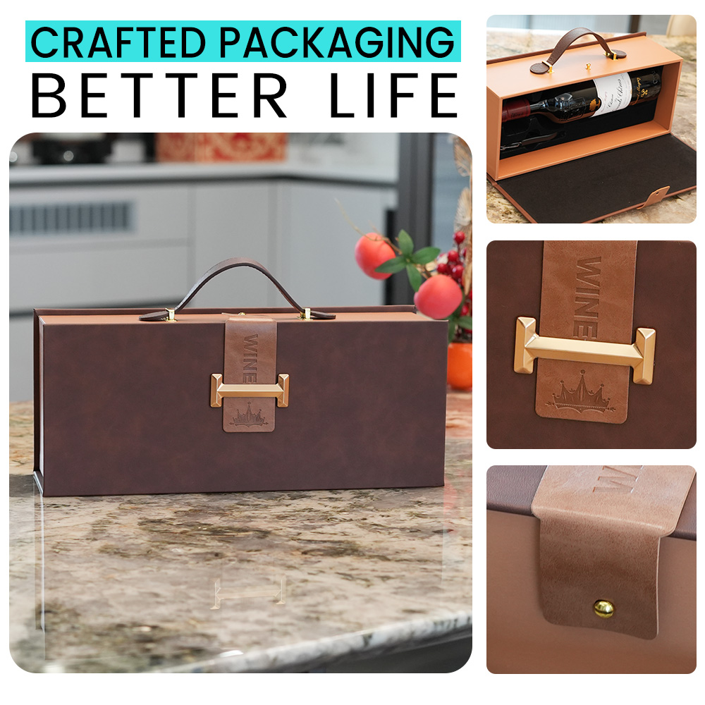 Customized Vintage Design PU Leather Wine Box Champagne Whisky Wine Bottle Gift Packaging Box with Handle