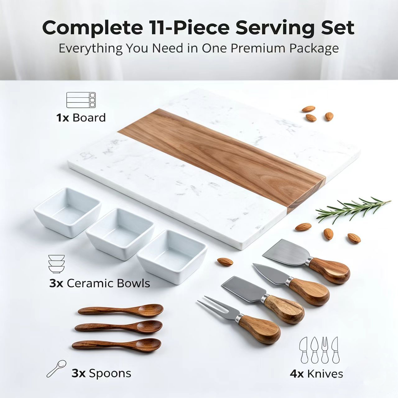 Factory Price 3 Ceramic Bowls Marble And Acacia Wood Cheese Board Knife Set Charcuterie Board Cheese Board Set For Kitchen Use
