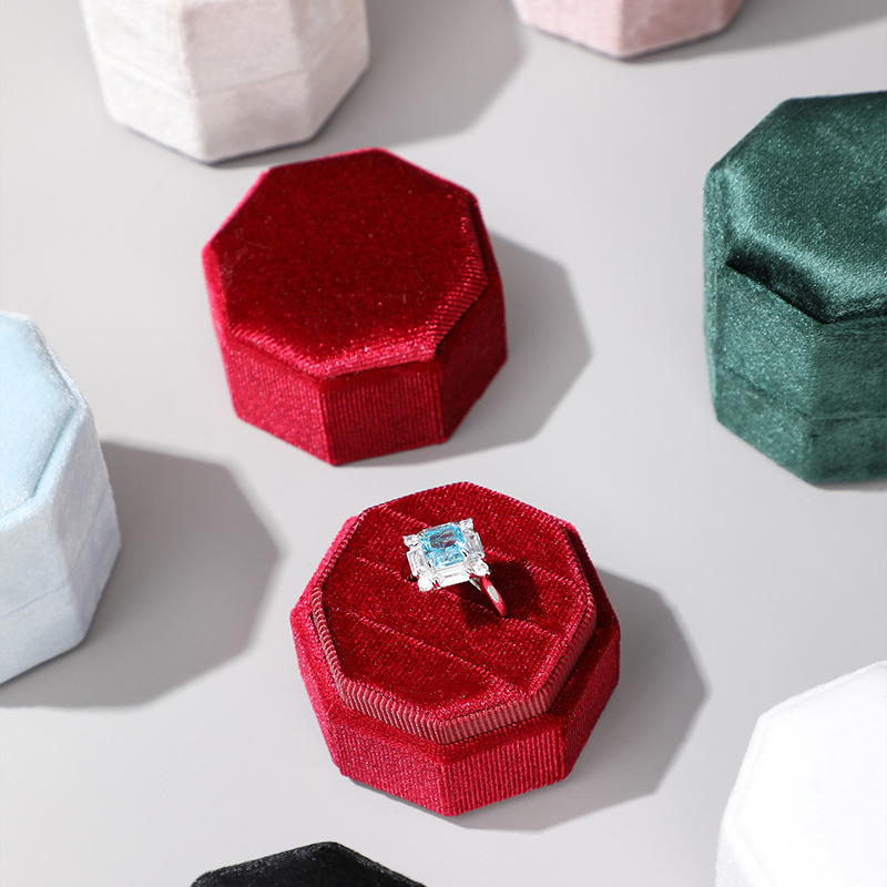 Custom Logo Velvet Jewelry Box 1/2/3 Slots Octagonal Ring Box Vintage Wedding Ring Gift Box