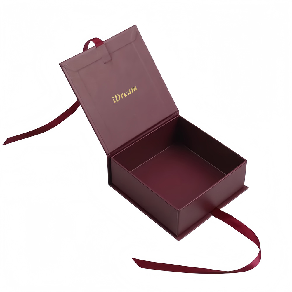 Wholesale Custom Luxury Folding Magnetic Gift Box Burgundy Ribbon Handle Hard Rigid Cardboard Packaging Box Clothing Paper Box