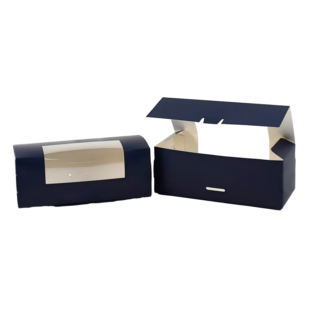Navy Blue Art Paper Box Clear Window Cake Case Food Grade Pastry Bakery Container Varnishing Dessert Packaging Logo