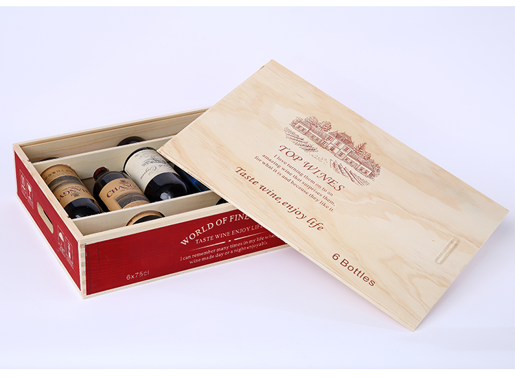 Custom Red Wine Bottles Packaging Box 6 Bottles Wine Gift Boxes Wood