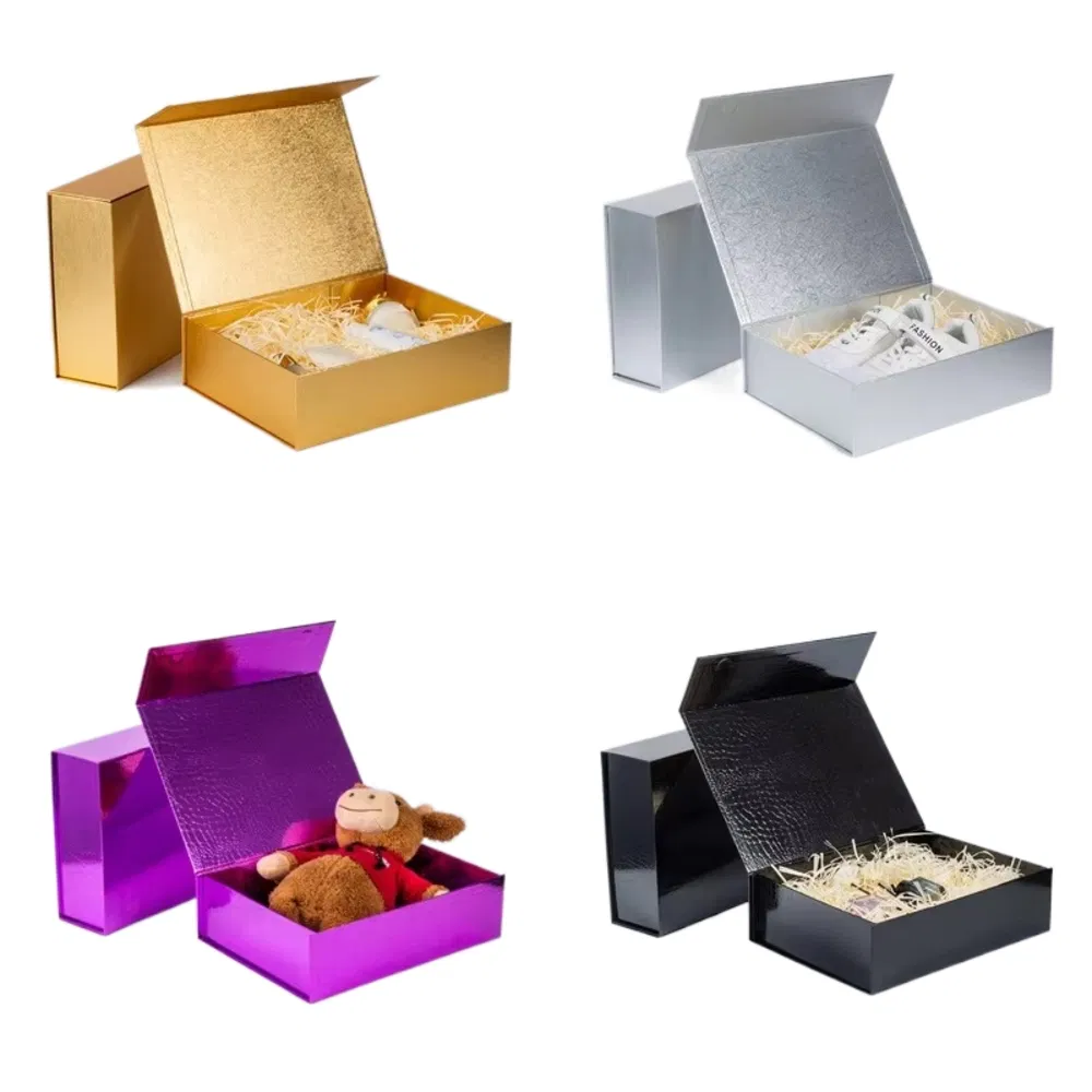 Wholesale Luxury Metallic Rigid Gift Boxes – Multi-Color Collection (Black, Silver, Purple, Gold) with Premium Festive Presents & Retail Packaging