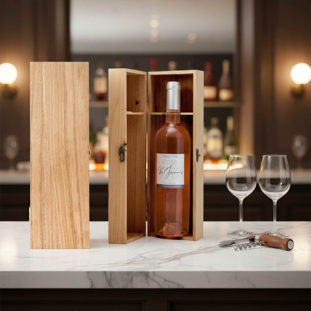 Natural Pine Wood Single Wine Bottle Gift Box with Hinged Lid Lock - Unfinished Wooden Wine Storage Case for Weddings Holidays