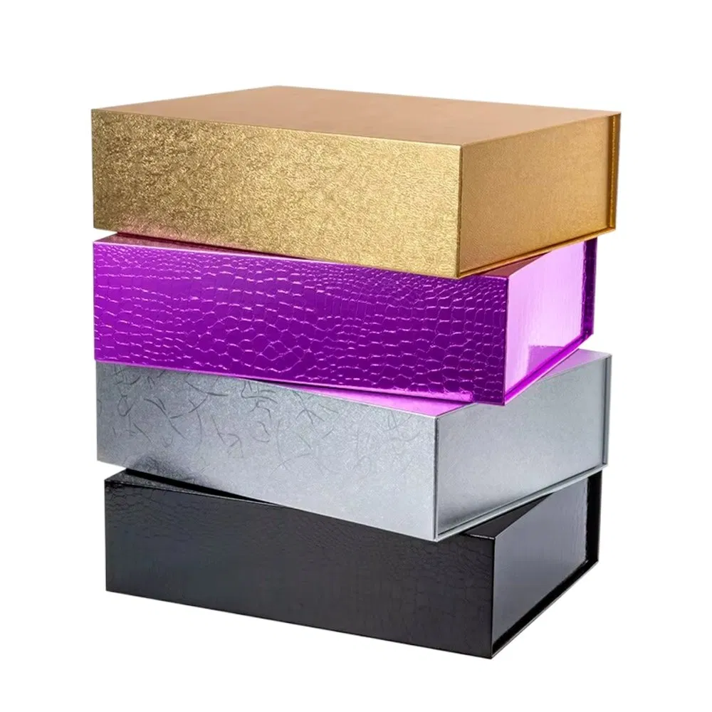 Wholesale Luxury Metallic Rigid Gift Boxes – Multi-Color Collection (Black, Silver, Purple, Gold) with Premium Festive Presents &amp; Retail Packaging
