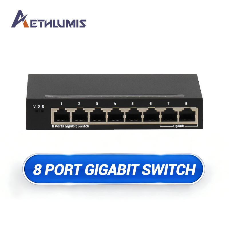 Compact 8 Port Gigabit Network Switch Unmanaged Fanless Metal Housing Desktop Plug and Play for Home Office LAN