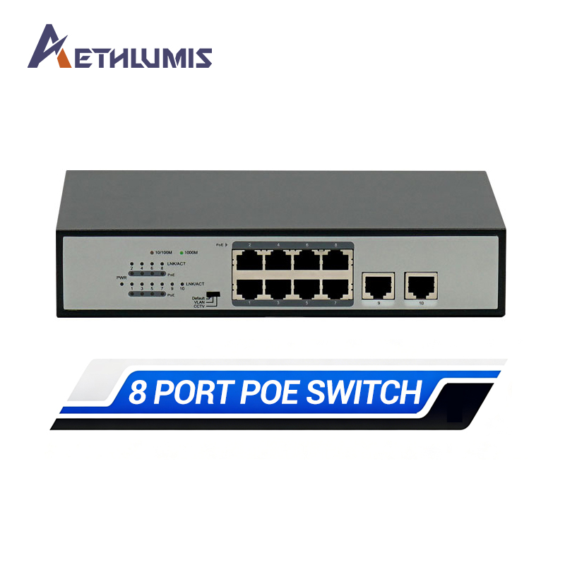 10 Port Gigabit PoE Switch 8 PoE + 2 Uplink 120W 802.3af/at Internal Power Supply VLAN Isolation 250m Extend Network Switch