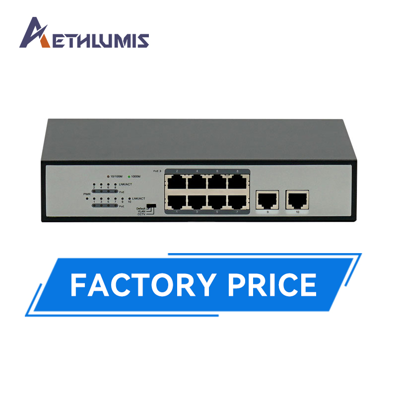 Wholesale 10 Port Gigabit PoE Switch 8 PoE & 2 Uplink 120W 802.3af/at Internal Power VLAN Mode Desktop Metal Network Switch