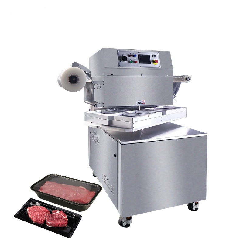 HVT-450R-4S Hualian Vegetable Salad Fruit Meat Chicken Rotary VSP MAP Vacuum Skin Tray Sealing Machine for Food Packaging