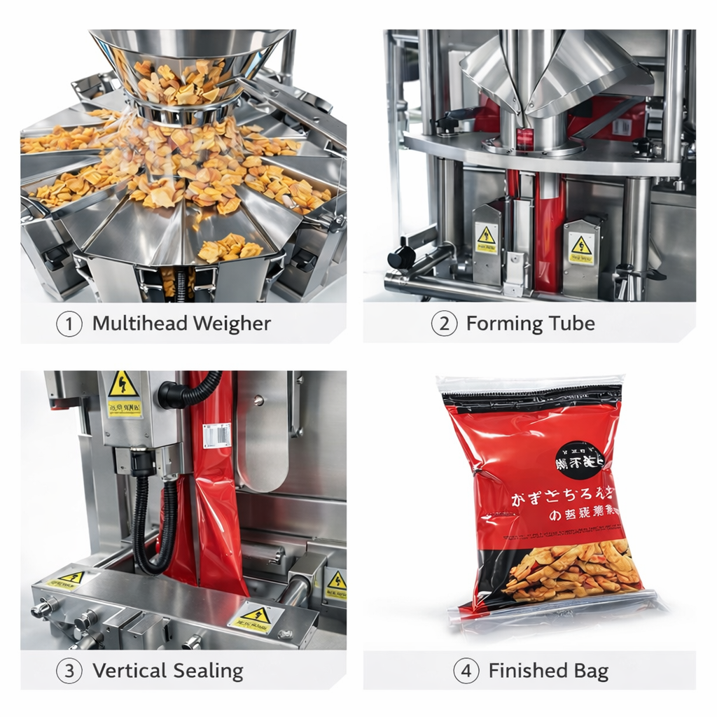 Multifunctional Multihead Weigher Vertical Packaging Machine for Snacks, Chips, Nuts, Candy, Cookies and Other Food Bags