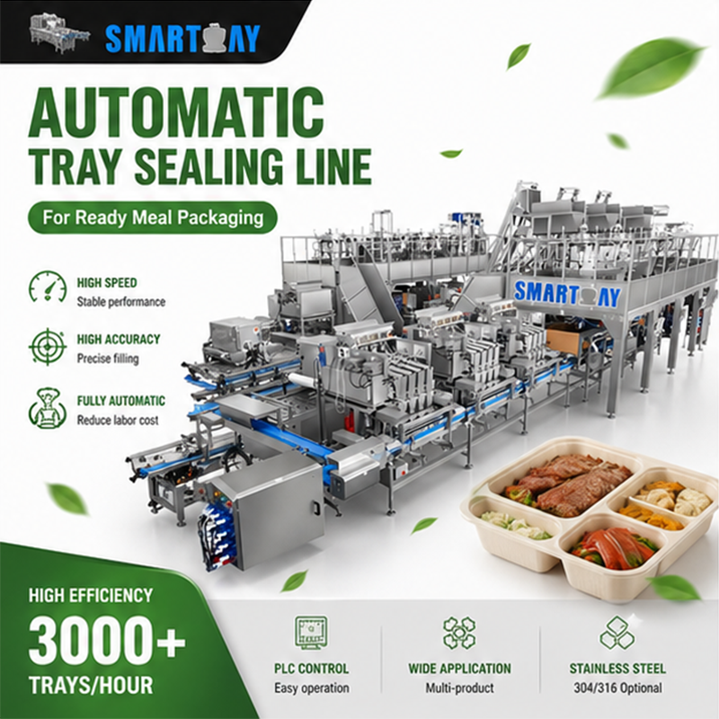 High Speed Stainless Steel Ready Meal Tray Sealing and Packing System Automatic MAP Ready Meal Tray Sealing Turnkey Line