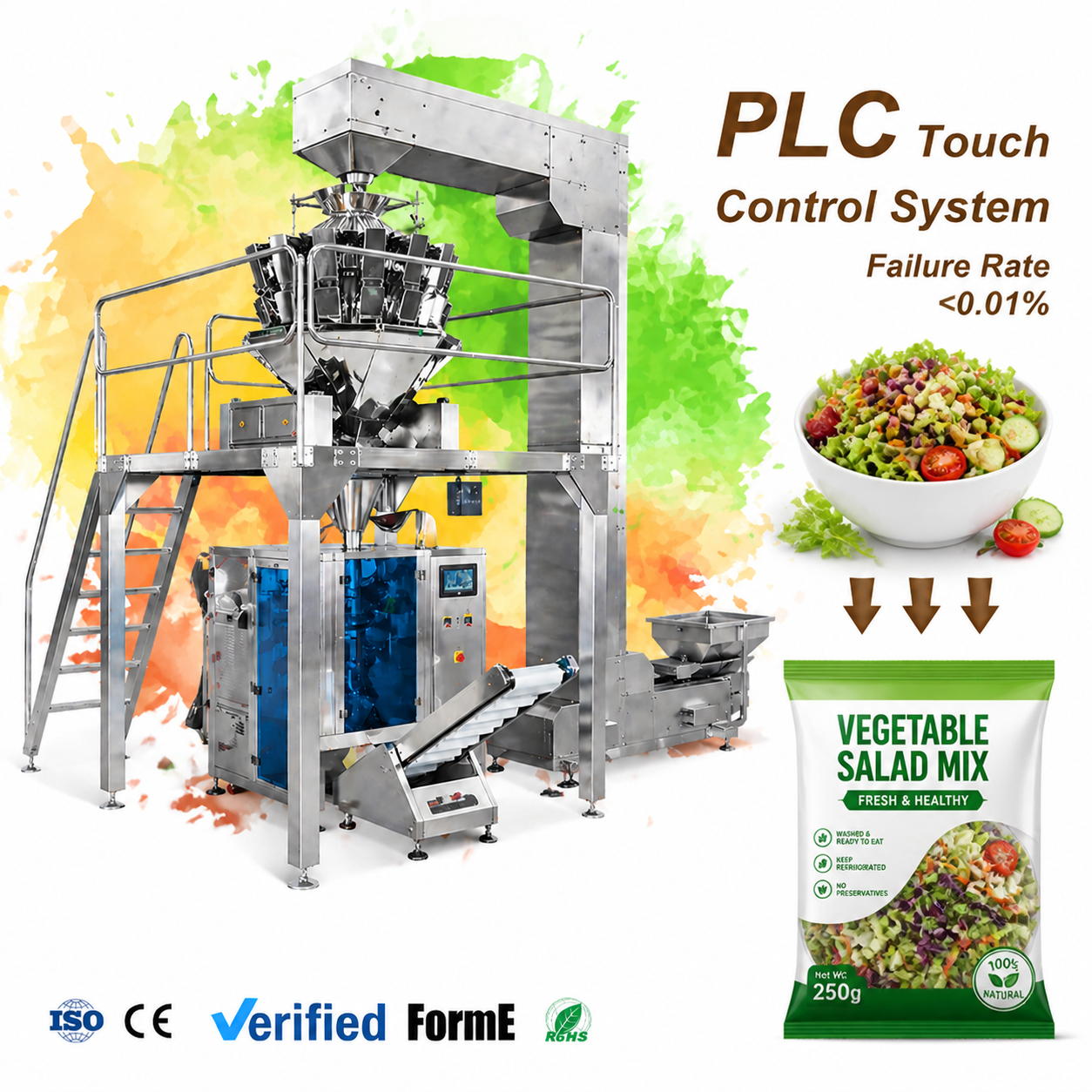 High Speed Food Grade Vertical Packing Machine Vegetable Salad Vertical Form Fill Seal Machine