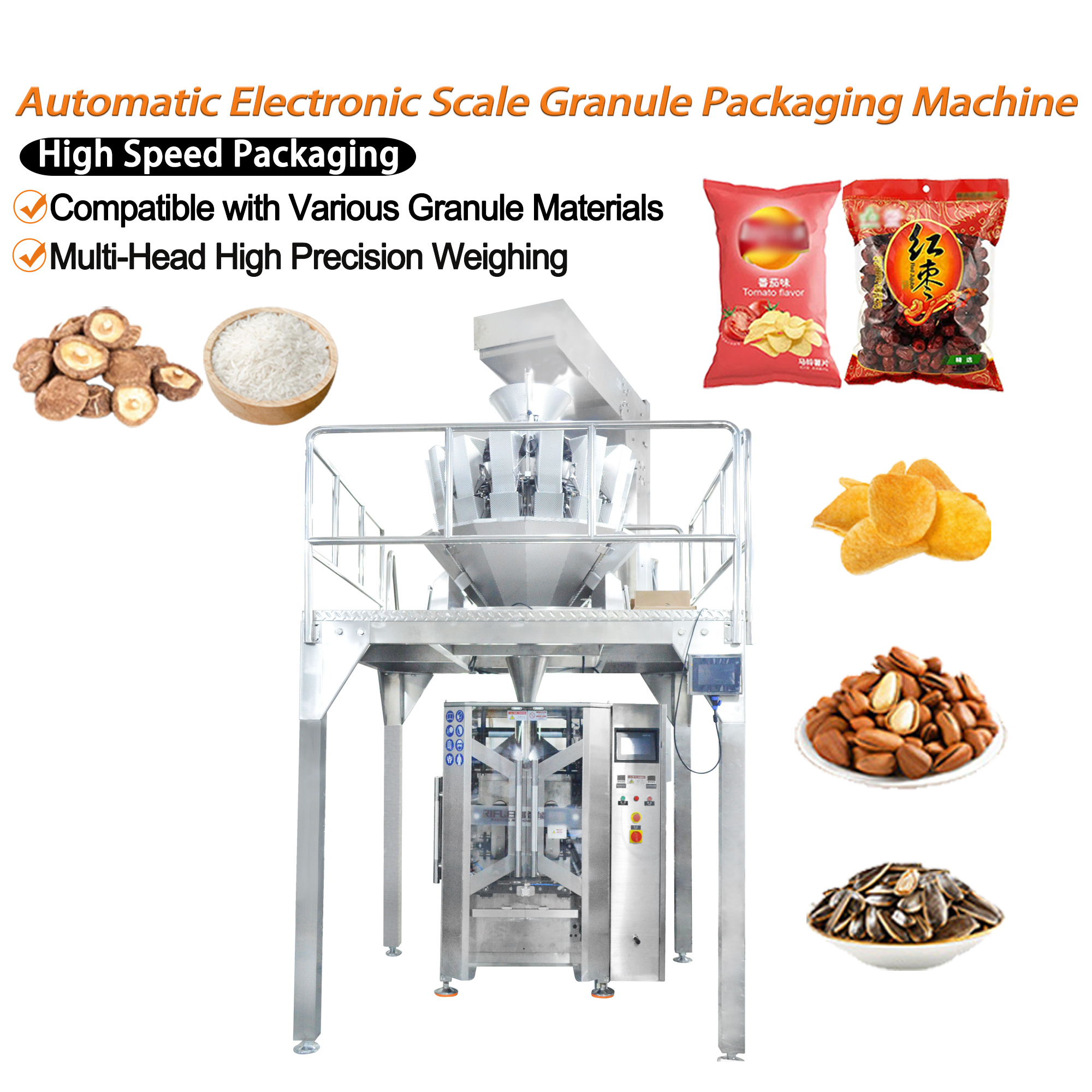 Automatic VFFS Granule Packing Machine With Electronic Scale Weigher 10g-10kg Packaging Machine For Candy Rice Nuts Snacks