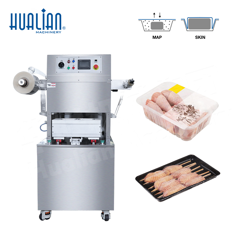 HVT-450M/2 Hualian Food Poultry Chicken Meal Modified Atmosphere Packaging Map and Vacuum Skin Tray Sealer Packaging Machine