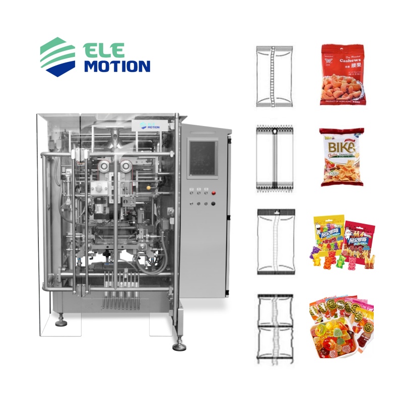 Elemotion High Productivity Vertical Form Fill Sealing Machine Easy to Operate for Food Candy Nuts Photo Crisps Beverages