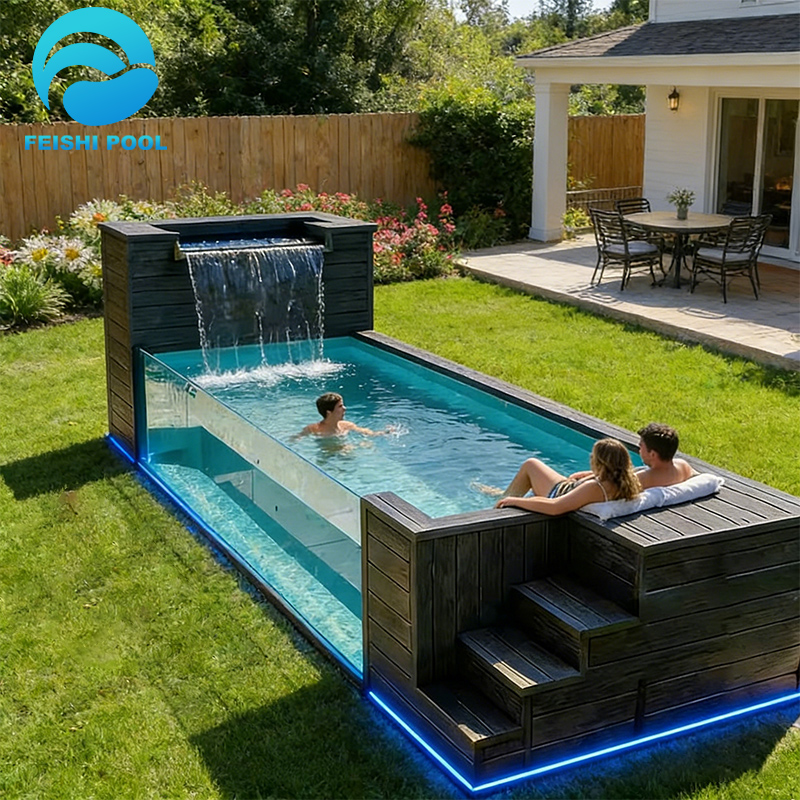 Factory Outdoor Large Luxury Fiberglass Swimming Acrylic Glass Window Prefab Pool Shipping Container Swimming Pool 20ft 40ft