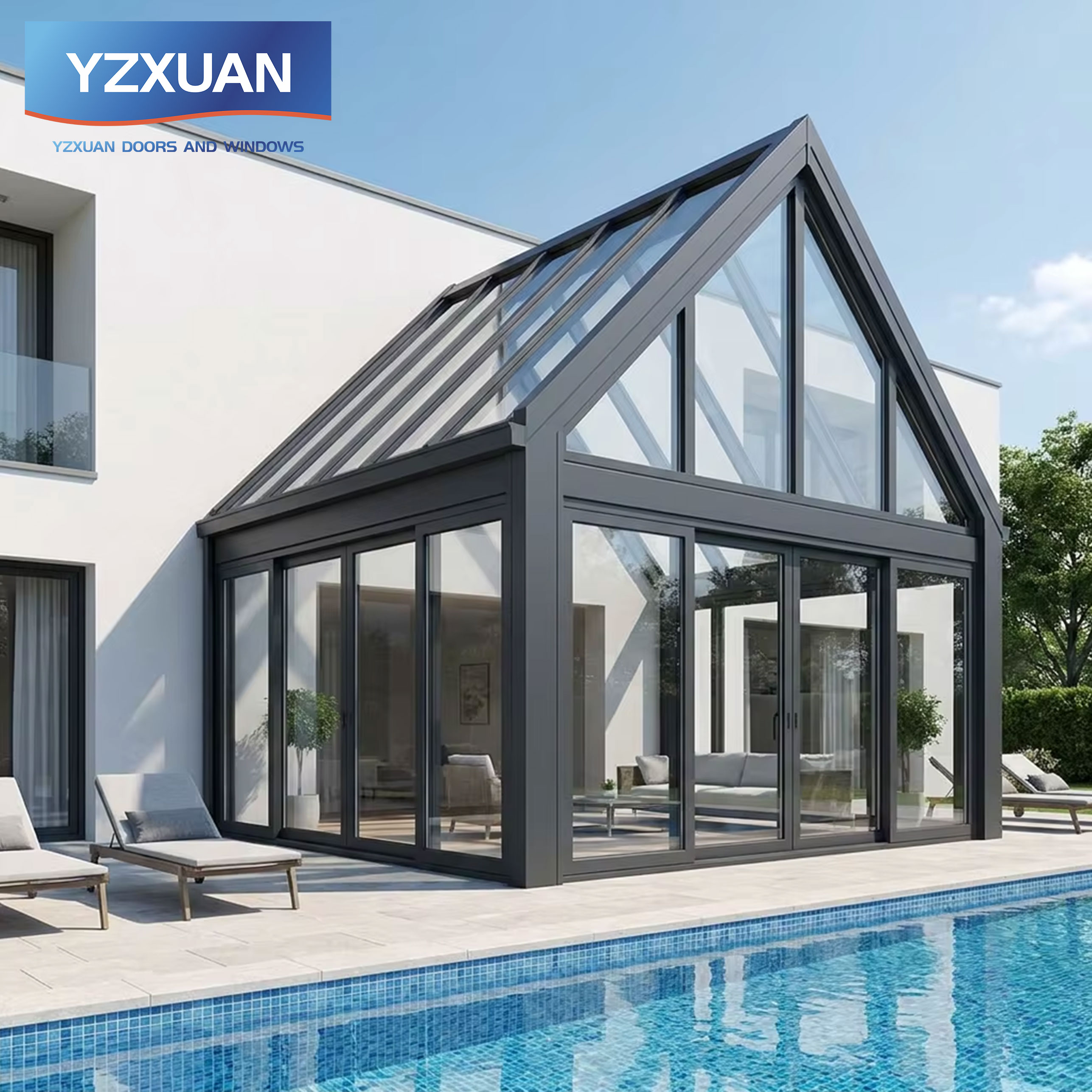 Modern Luxury Aluminum Sunroom Glass House Winter Garden Thermal Break System Double Glazed Low-E Exterior Hotel Courtyard