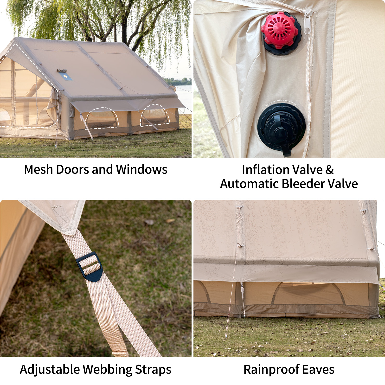 Ultra-Durable Oxford 12 SQM Inflatable Tent Double Side Door Windproof, Water-Resistant, Large Family Camping Tent